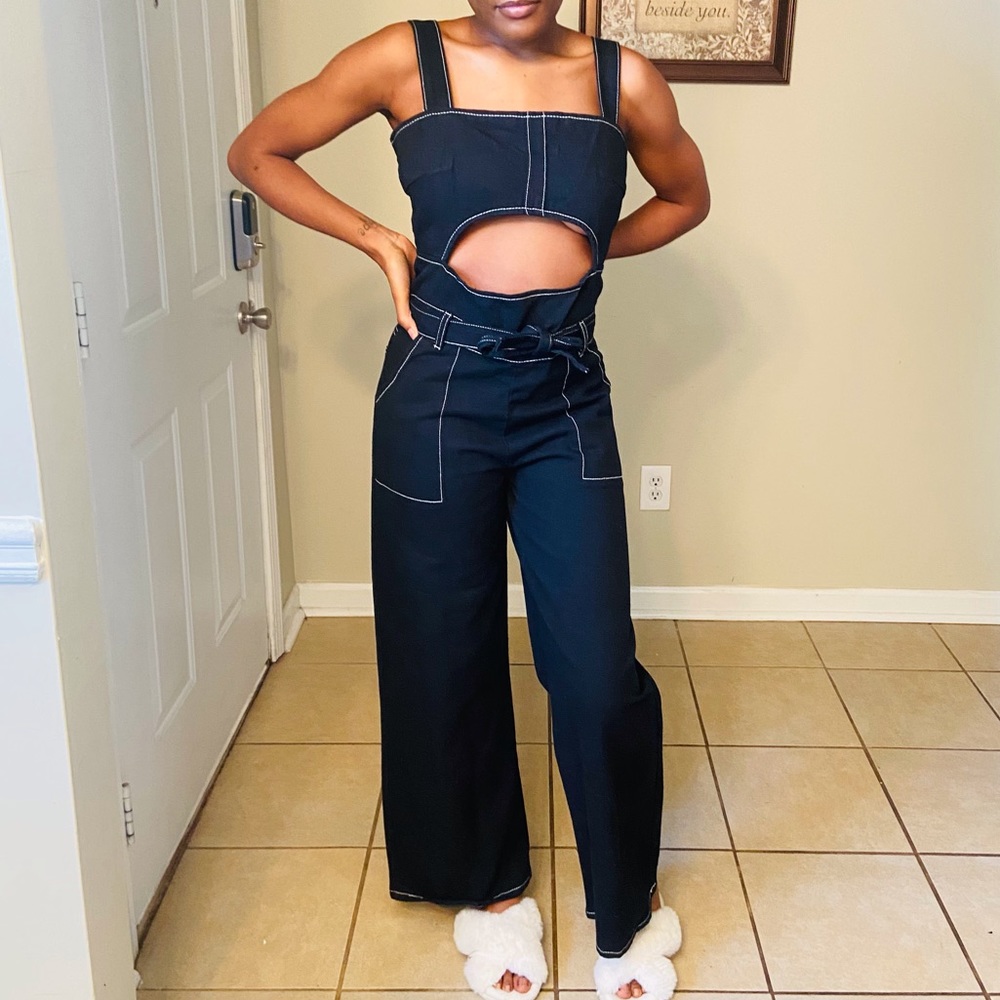 Black Denim, White Stitched Cut Out Wide-leg Jumpsuit